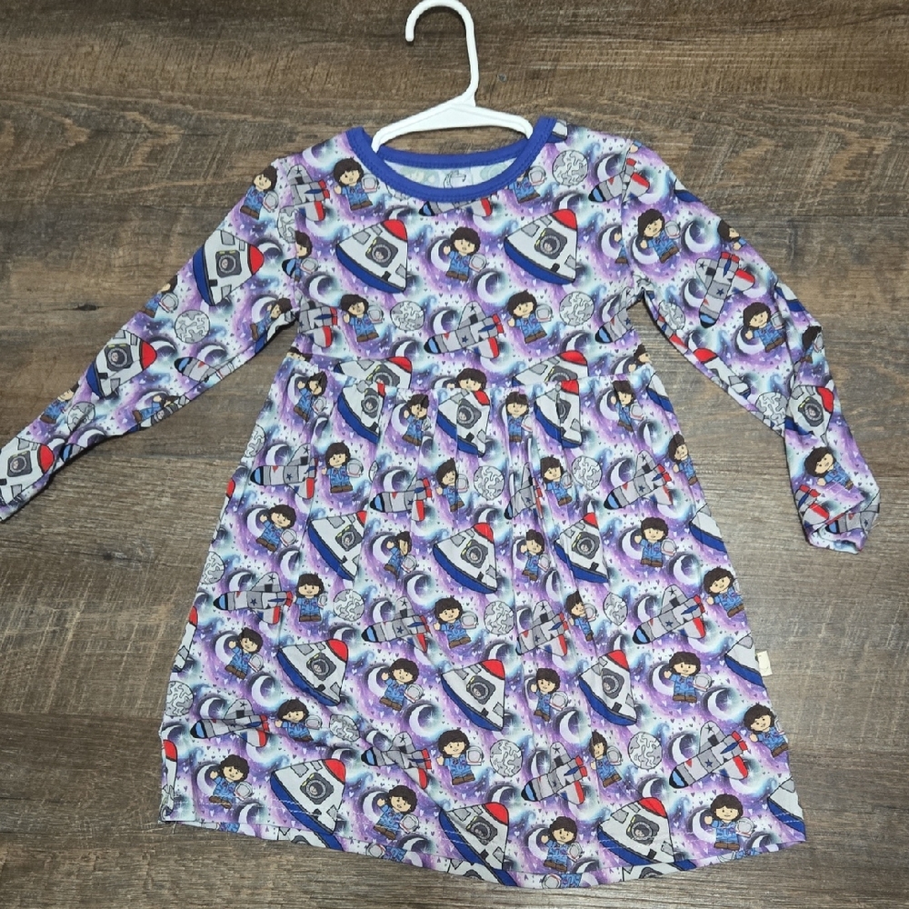 3t Bamboo Girls' Space Rocket Print Long Sleeve Dress - Purple